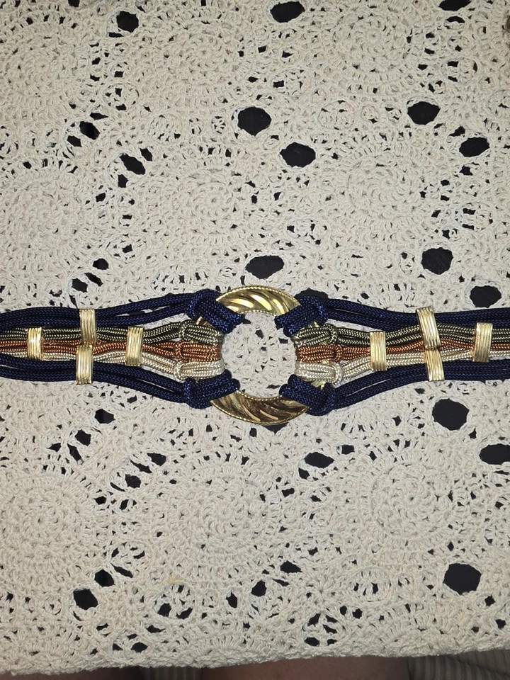80s Vintage Rope Braided Cord Belt Gold Medallion Buckle, Stretch XL - Image 2 of 4