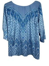 Bob Mackie Lightweight Top 2X Blue Geometric Print Boho Artsy Tunic Pullover