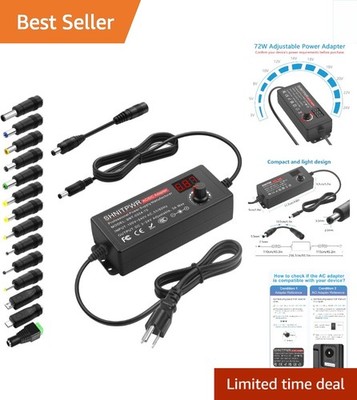 Compact 72W Universal Power Adapter with Multiple Tips and Overload Protection