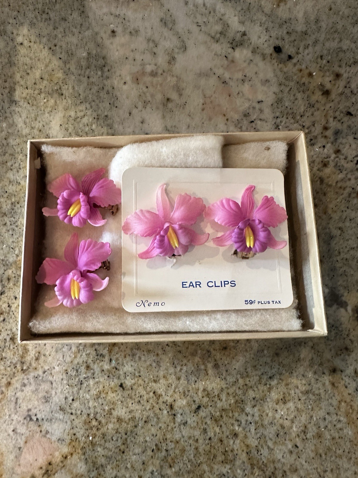 Vintage Nemo Orchid Celluloid Ear Clips and Brooch Pin Set