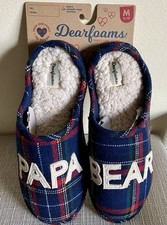 Dearfoams PAPA BEAR MEMORY FOAM SLIPPERS Navy Blue Red Green Plaid MENS M 9-10