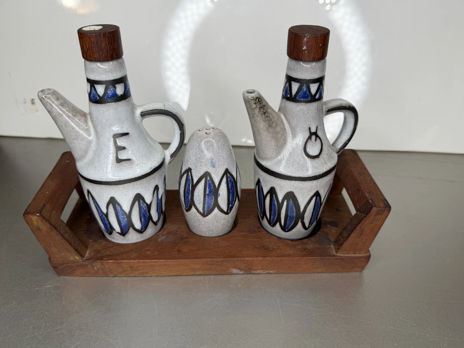 Vintage Ceramano Stoneware Oil Vinegar Set With Shaker & Stand West Germany