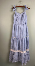 Shabby Chic Sundress 4 Maxi Smocked Blue White Striped Eyelet Ruffle Tiered NEW