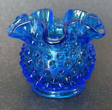 FENTON Vintage Bright Blue Hobnail Ruffled Edge Bud Vase 3.25" Tall
