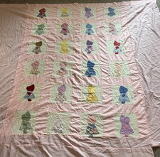 Vintage Hand Appliqued Hand Stitched Pink Sunbonnet Sue Twin Top 92 X 87
