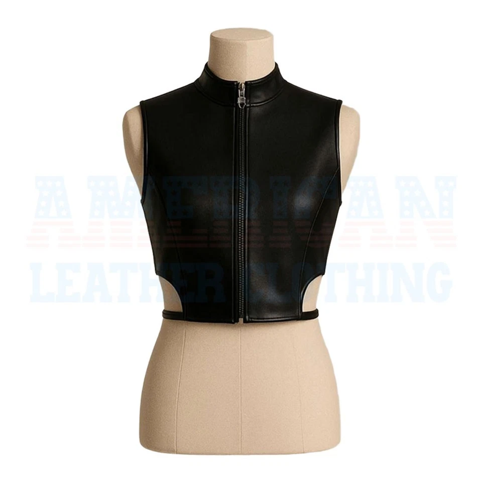 Womens Genuine Leather Crop Top Sleeveless High Neck Biker Vest Handmade Leather - Image 2 of 3
