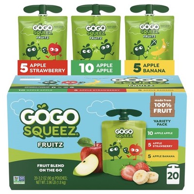GoGo squeeZ No Sugar Added Applesauce Fruit Puree Variety Pack, 3.2 oz 20pk