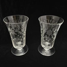 Vtg Etched Clear Glass Iced Tea Beverage Water Pedestal Footed Floral Set Of 2
