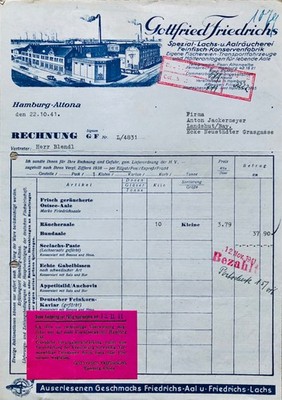 Hamburg-Altona, histor. Rechnung der Lachs- u. Aalräucherei Friedrichs, 1941