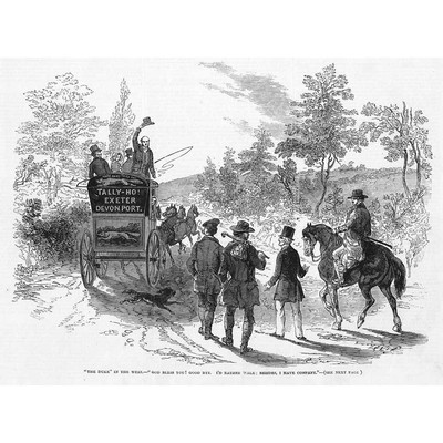 Tally Ho Exeter & Devonport - Duke of Wellington Postkutsche - antiker Druck 1846
