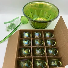 Indiana Glass Green Carnival Punch Bowl Set with ladle, 12 cups & hangers
