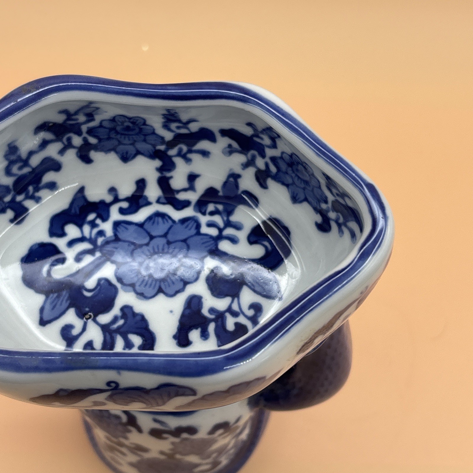 Vintage Chinoiserie Porcelain Monkey Blue White Holding Bowl Trinket Dish Soap