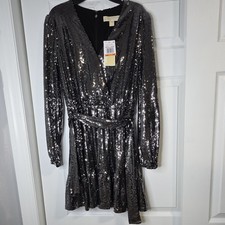Michael Kors Black Silver Sequin Wrap Dress Belted Long Sleeve P/S