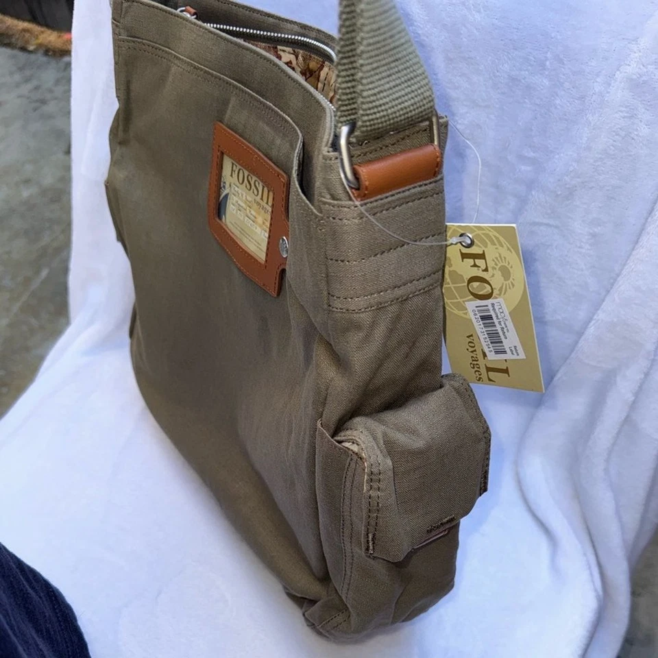 Vintage Fossil Voyages Crossbody Bag Ripstop Khaki Green Canvas Map Liner Y2K - Image 4 of 4