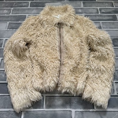 Cream Shaggy Faux Fur Jacket Oversized Fluffy Winter Coat Y2K Glam Style