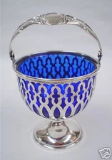  STERLING SILVER Cobalt Lined Swing Handle SUGAR BASKET