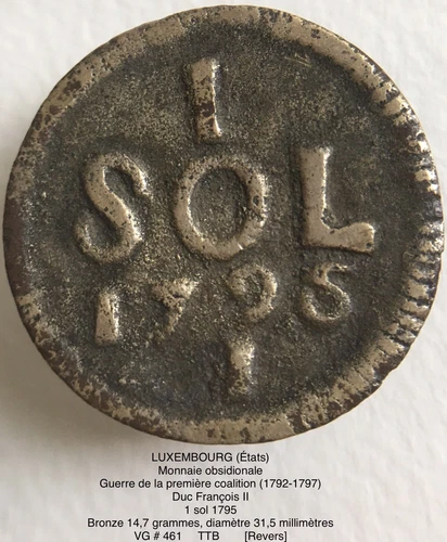 LUXEMBOURG MONNAIE OBSIDIONALE DUC FRANÇOIS II 1 SOL 1795 ÉTAT RARE - Photo 1/2