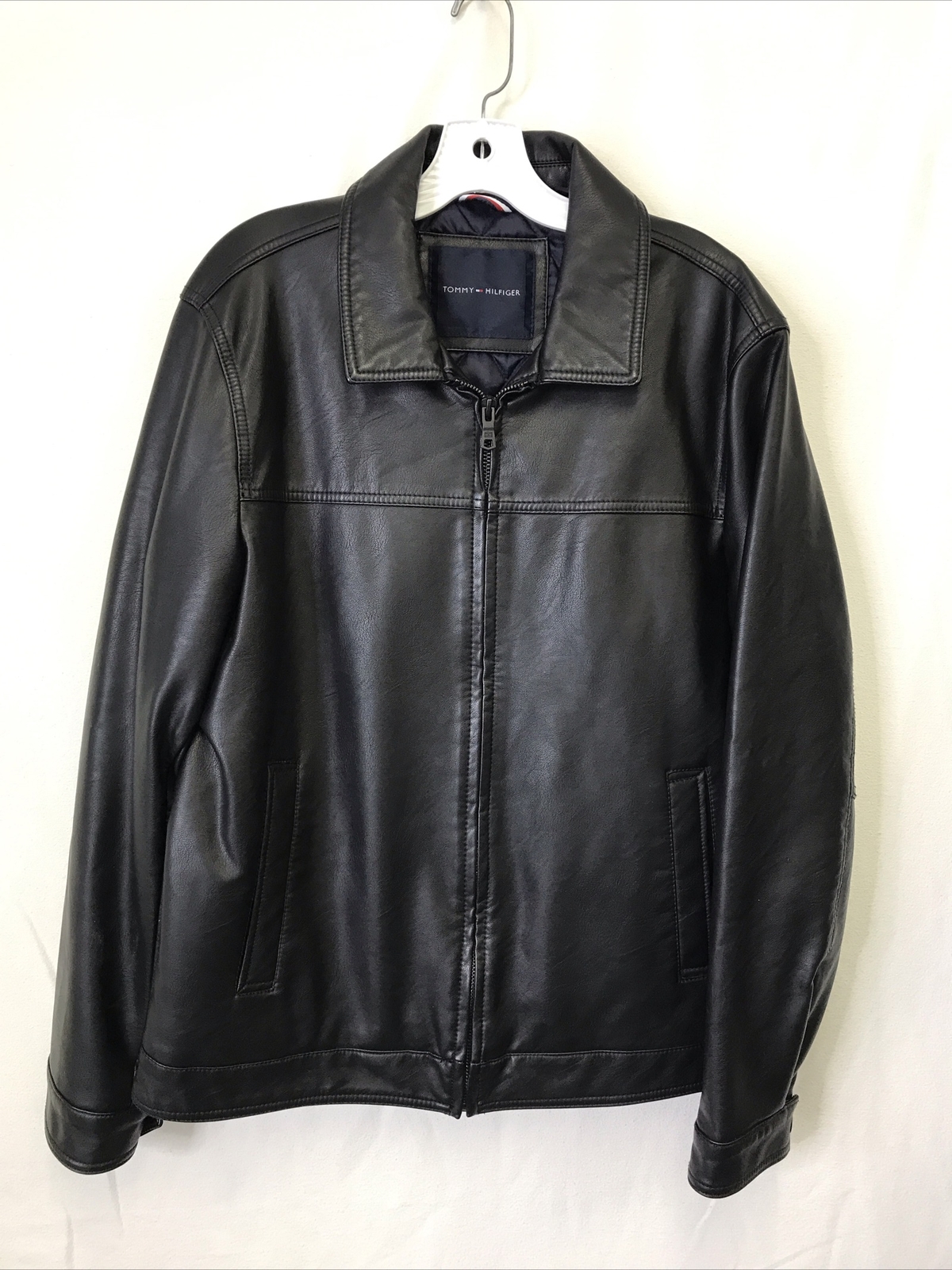 Tommy Hilfiger Men's Faux Black Leather Laydown Collar Jacket Sz Large