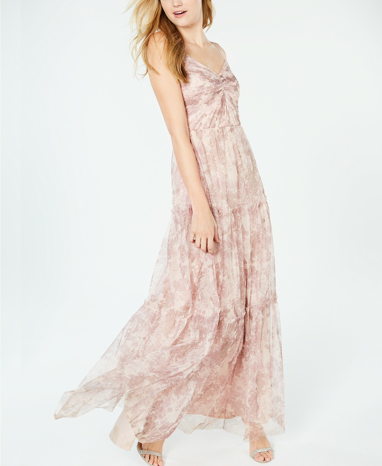 adrianna papell printed ruched chiffon gown