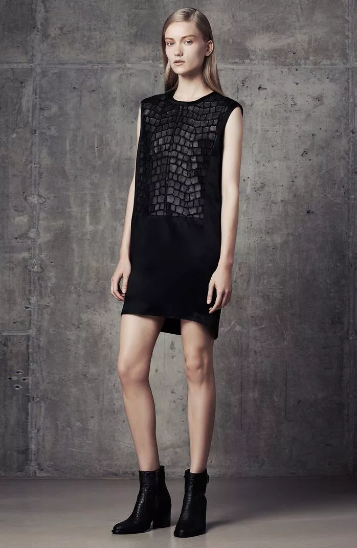 EUC Helmut Lang Leather Fractal Scale Applique Mini Dress Black