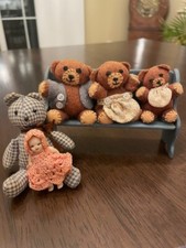 Set of Tiny Bears On a Bench 2"-1.5" Hand made trio. Bonus bl calico bear 3.25"