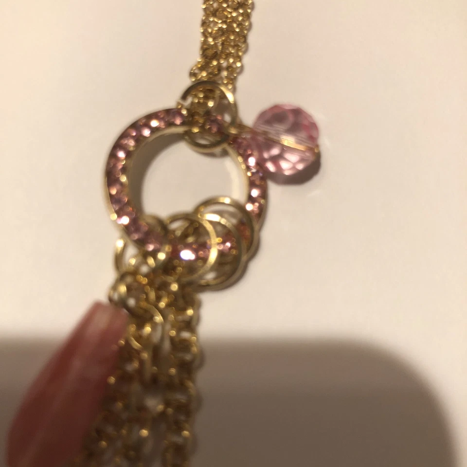 COLLAR COLGANTE COOKIE LEE CRISTAL ROSA GOTA TONO DORADO 19" CON EXTENSOR DE 3" Nuevo Foto 2 de 4