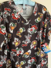 NWT XXL Looney Tunes Christmas Brown Scrub Top Shirt Holiday Cartoon Tweety Bugs