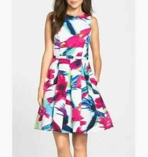 ELIZA J Bird Floral Printed Cutout Belted Fit & Flare Dress Size 8