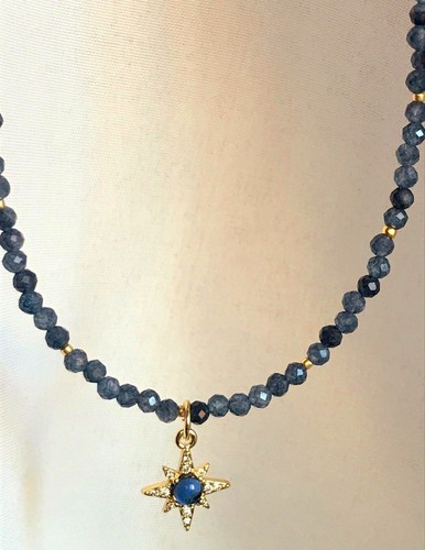 SAPPHIRE Necklace 3mm Faceted Gem Beads and Gold-Plated Star DAINTY Pendant - Picture 5 of 8