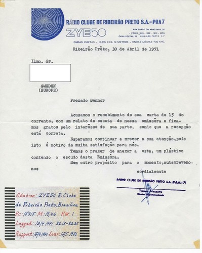 Qsl Radio Clube De Ribeirao Preto Zye50 Brasil Brazil Khz 1971 With 1kw Dx Ebay