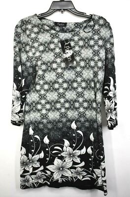 Papillon Womens Lattice Floral 3/4 Sleeve Brushed Knit Mini Dress Crew Neck M