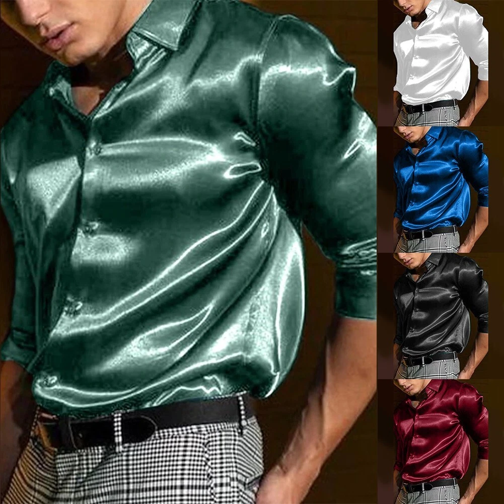 Long Sleeve Satin Silk Mens Dress Shirt Casual Button Down Shirts Wedding Party