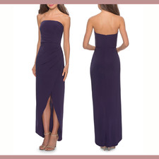 NEW $238 La Femme [ 10 ] Strapless Ruched Soft Jersey Gown in Dark Purple #S288