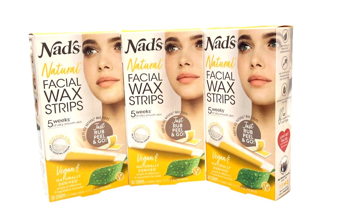 3 Pack (30 count each) Nad’s Natural Facial Wax Strips Vegan Hair