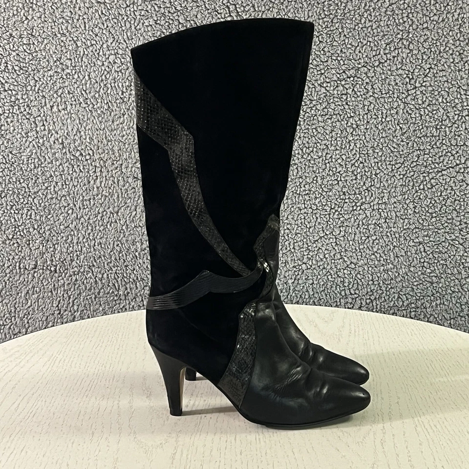 Botas femininas Peter Kaiser 8M couro camurça preta Alemanha Ocidental puxador de cobra vintage - Imagem 4 de 4