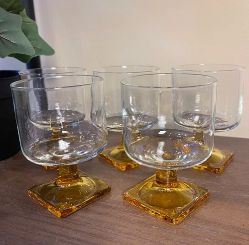 Vintage MCM Federal Glass Nordic Topaz Yellow Square Foot Set of 5 Wine Brandy