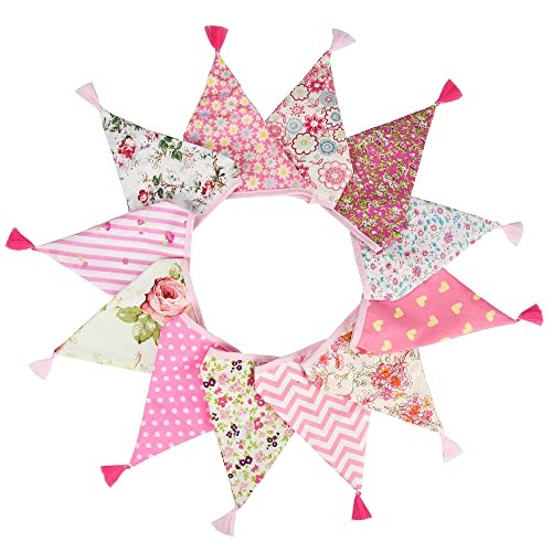 Stoff Wimpel Girlande mit Quasten, 3.3M Beidseitig Wimpelkette Bunting