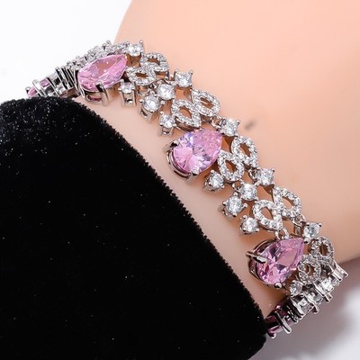 Pink Sapphire -Simulated, CZ 925 Sterling Silver Adjustable Bracelet 7-8'' B9920
