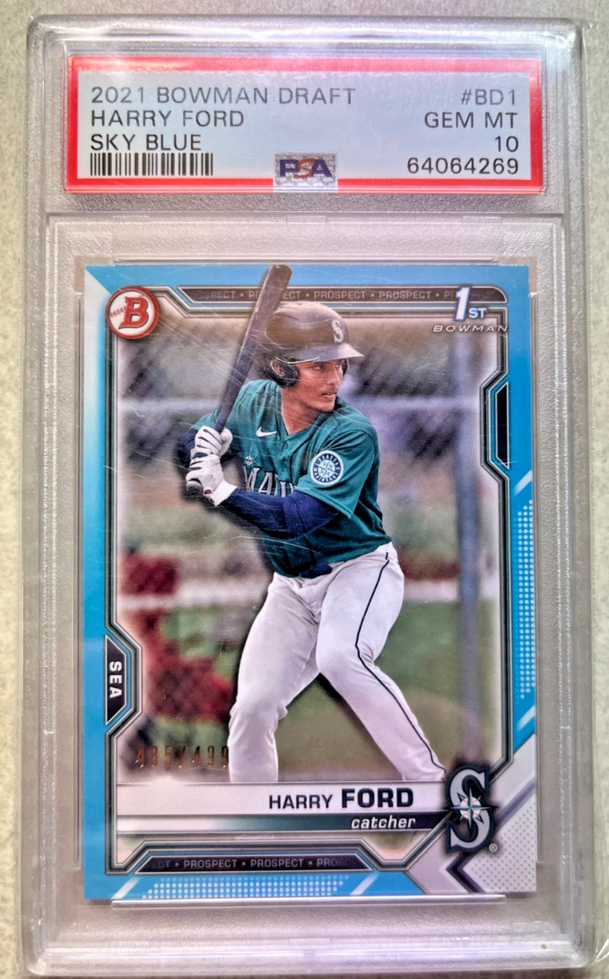 2021 Bowman Draft Sky Blue #BD1 Harry Ford #/499 Mariners 1st PSA 10 GEM MINT