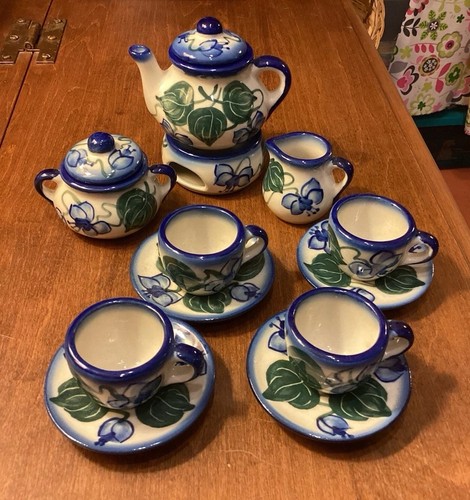 Juego de té Boleslawiec de cerámica polaca miniatura de 14 piezas para niños usado en excelente estado