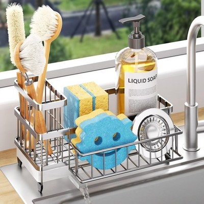 Sponge Holder for Kitchen Sink - Auto Draining Sink Caddy Organizer with Deta...