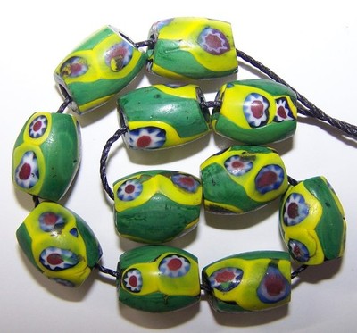 Antique Venetian Trade Beads -  11 Green Ovals with Yellow/Red Millefiori Eyes