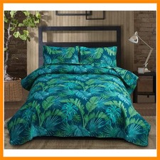 Tropical Green Palm Tree Leaf Print Bedspread Set - King Size Reversible Ligh...