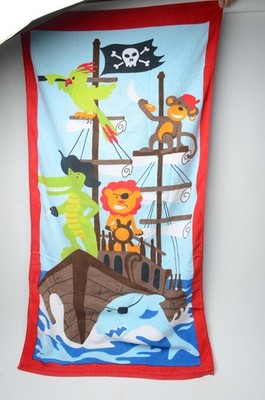 Pirate Monkey Beach Towel Parrot Crocodile Shark Kids 30x54 Cotton Red Border