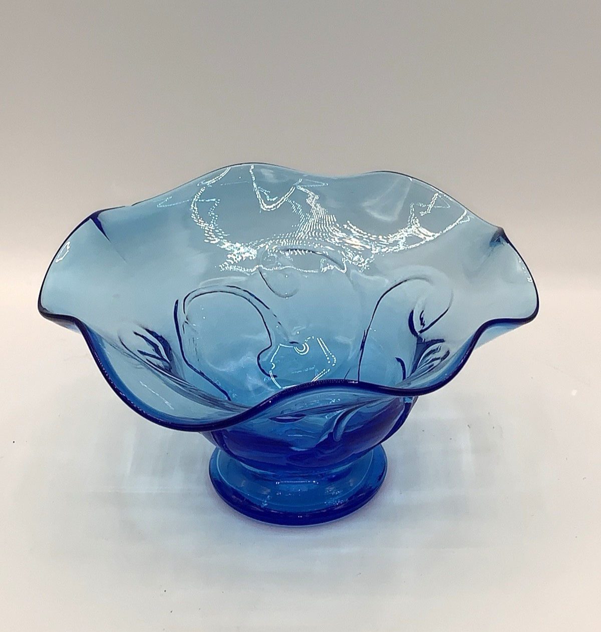 Rainbow Glass West Virginia Blue Ruffled Bowl 7 1/2