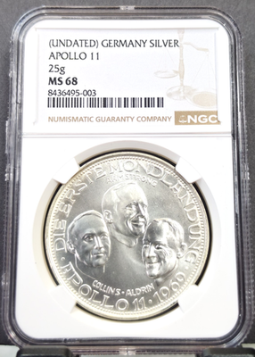1969 GERMANY SILVER MEDAL APOLLO 11 MOON LANDING NGC MS 68 RARE