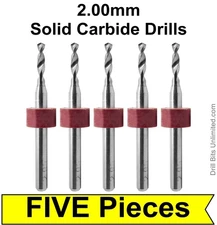 2mm Solid Carbide Drill Bits - FIVE PIECES - Premium Grade - 1/8" Shanks R/S