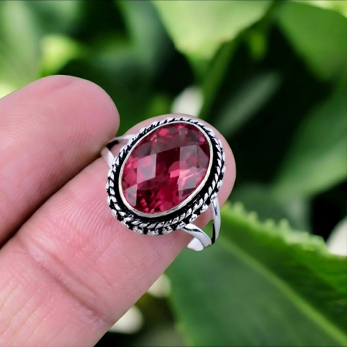 Bague En Argent Sterling 925 Pour Femme Avec Pierres Roses - Taille 7, Style Bande élégante