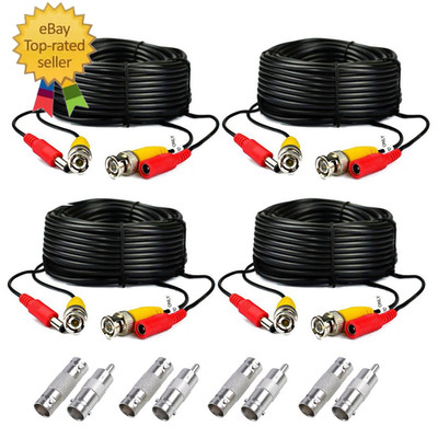 4-Pack 125Ft Black Pre-Made All-In-One BNC Male to Male Video and Power Cable wi