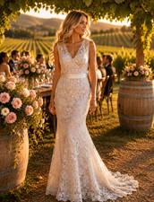 Allure Bridals Wedding Dress 10-14 Ivory Lace Mermaid 8903 Low back Cap Sleeves